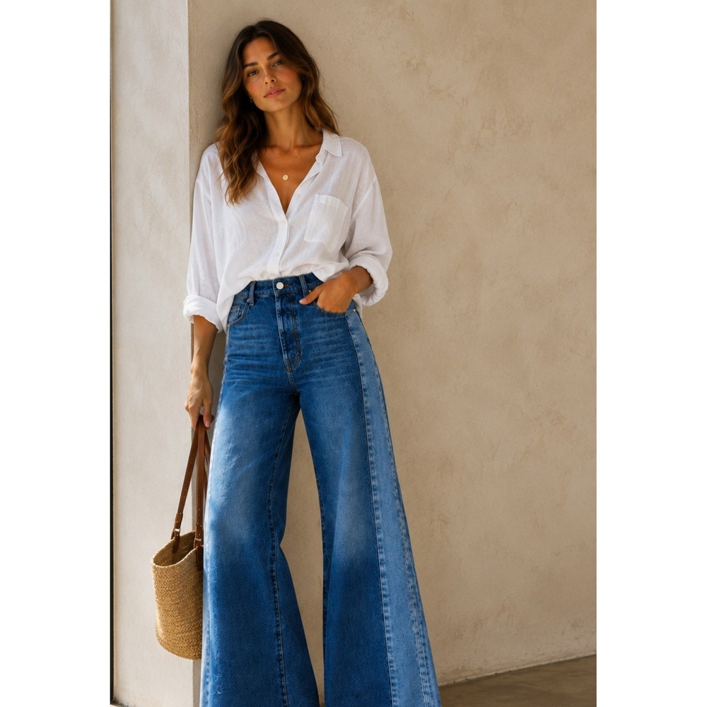 MOTHER SUPERIOR The Tux Sidestepper Sneak Fray Jeans Wide Leg Two Tone 27